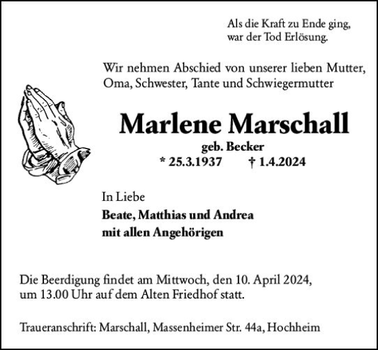 Traueranzeige von Marlene Marschall von Hochheimer Zeitung