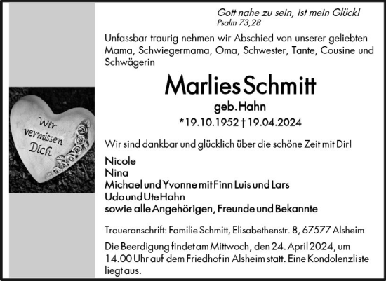 Traueranzeige von Marlies Schmitt von Wormser Zeitung