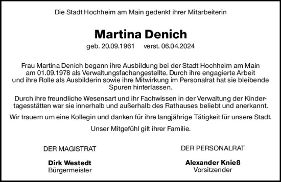 Traueranzeige von Martina Denich von Hochheimer Zeitung