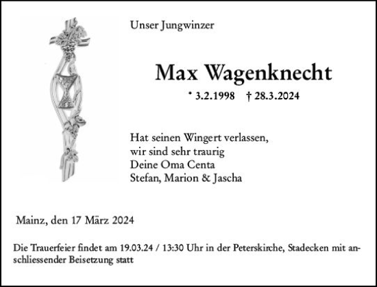 Traueranzeige von Max Wagenknecht von Allgemeine Zeitung Bingen/Ingelheim
