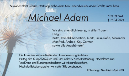 Traueranzeige von Michael Adam von Wetzlarer Neue Zeitung