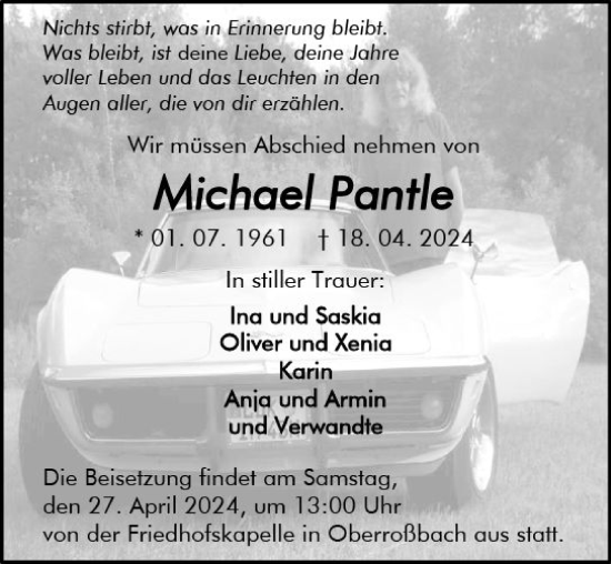 Traueranzeige von Michael Pantle von Dill Block