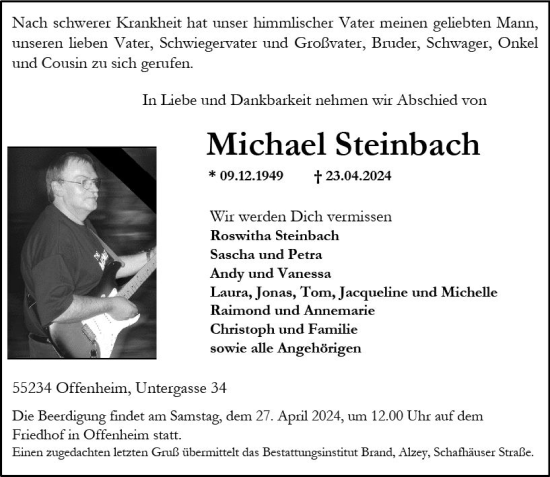 Traueranzeige von Michael Steinbach von Allgemeine Zeitung Alzey
