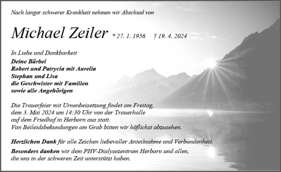 Traueranzeige von Michael Zeiler von Dill Block