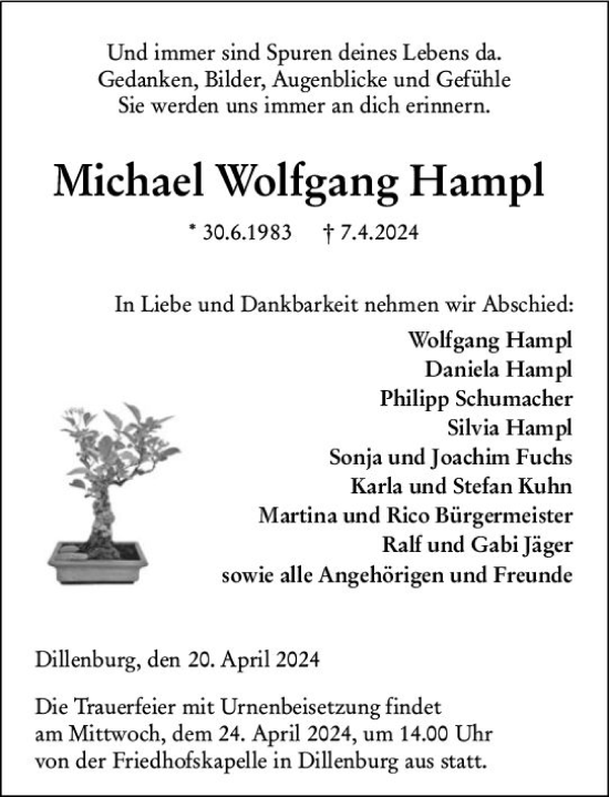 Traueranzeige von Michael Wolfgang Hampl von Dill Block