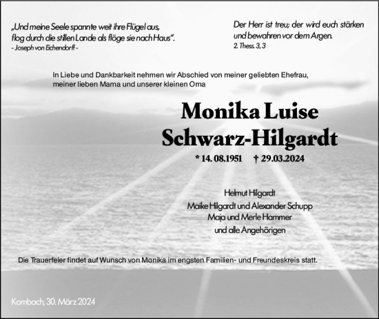 Traueranzeige von Monika Luise Schwarz-Hildgradt von Hinterländer Anzeiger