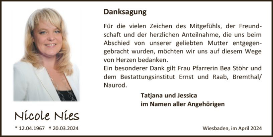 Traueranzeige von Nicole Nies von Wiesbadener Kurier