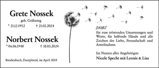 Traueranzeige von Norbert Nossek von Hinterländer Anzeiger