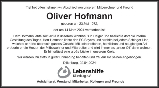 Traueranzeige von Oliver Hofmann von Dill Block