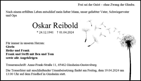 Traueranzeige von Oskar Reibold von Allgemeine Zeitung Mainz