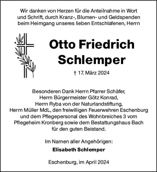 Traueranzeige von Otto Friedrich Schlemper von Dill Block