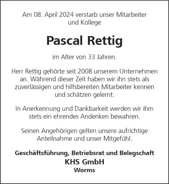 Traueranzeige von Pascal Rettig von Wormser Zeitung