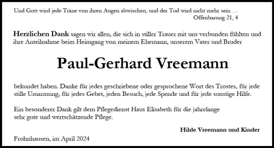 Traueranzeige von Paul-Gerhard Vreemann von Hinterländer Anzeiger