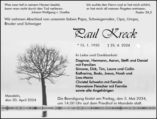 Traueranzeige von Paul Kreck von Dill Block