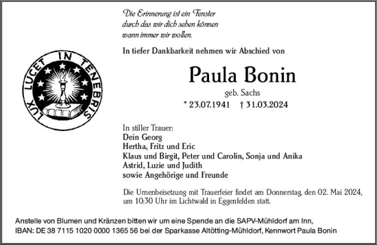 Traueranzeige von Paula Bonin von Darmstädter Echo