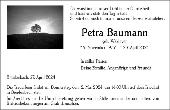 Traueranzeige von Petra Baumann von Hinterländer Anzeiger