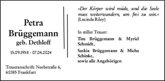 Traueranzeige von Petra Brüggemann von Wiesbadener Kurier
