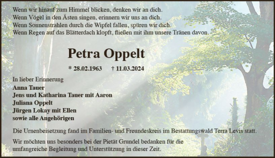 Traueranzeige von Petra Oppelt von Wiesbadener Kurier