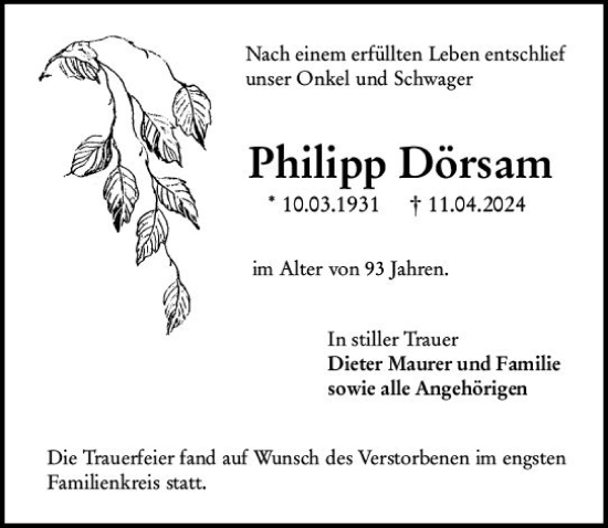 Traueranzeige von Philipp Dörsam von Groß-Gerauer Echo