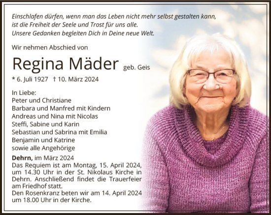 Traueranzeige von Regina Mäder von Nassauische Neue Presse