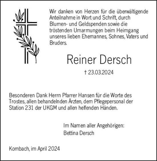 Traueranzeige von Reiner Dersch von Hinterländer Anzeiger