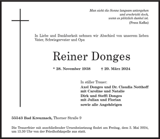 Traueranzeige von Reiner Donges von Allgemeine Zeitung Bad Kreuznach