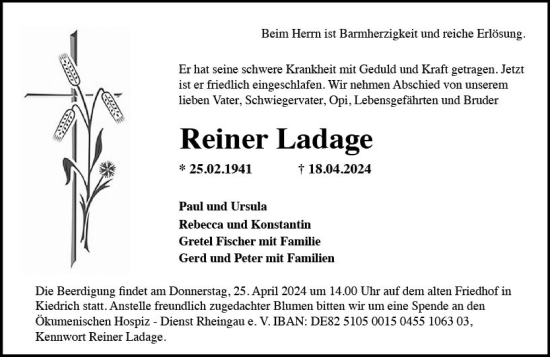 Traueranzeige von Reiner Ladage von Rheingau Kurier