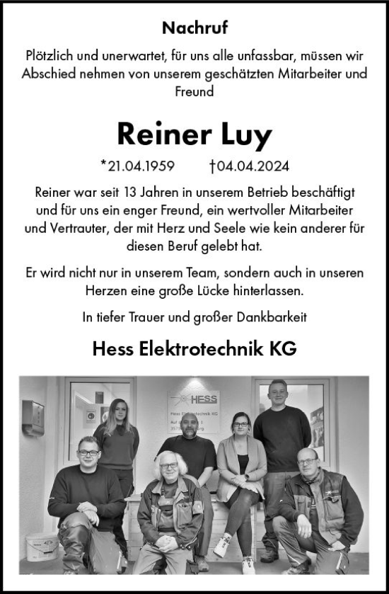 Traueranzeige von Reiner Luy von Hinterländer Anzeiger