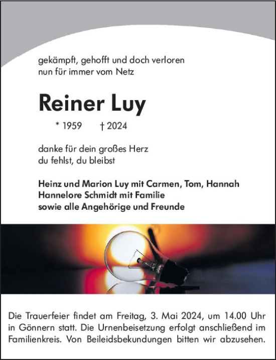 Traueranzeige von Reiner Luy von Hinterländer Anzeiger