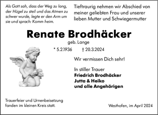 Traueranzeige von Renate Brodhäcker von Wormser Zeitung