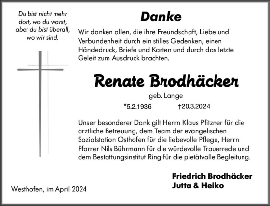 Traueranzeige von Renate Brödhäcker von Wormser Zeitung