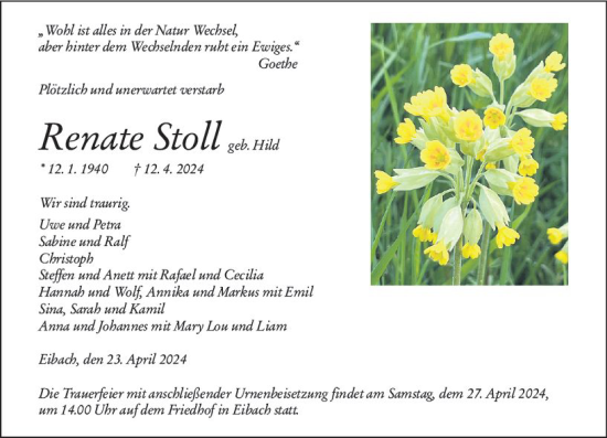 Traueranzeige von Renate Stoll von Dill Block
