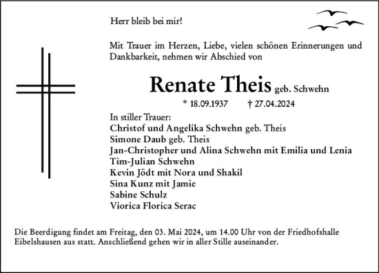 Traueranzeige von Renate Theis von Dill Block