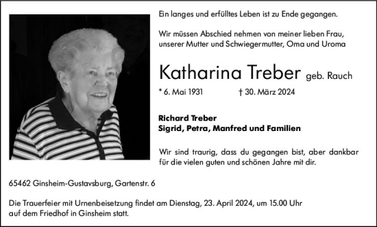 Traueranzeige von Katharina Treber von Rüsselsheimer Echo