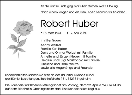 Traueranzeige von Robert Huber von Allgemeine Zeitung Bingen/Ingelheim