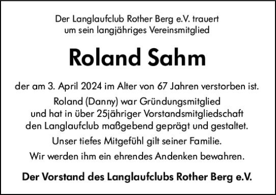 Traueranzeige von Roland Sahm von Dill Block