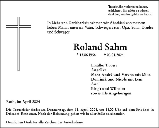 Traueranzeige von Roland Sahm von Dill Block