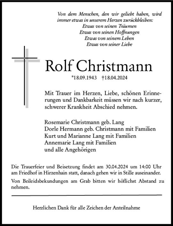 Traueranzeige von Rolf Christmann von Dill Block