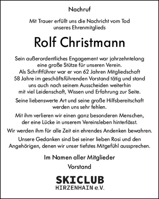 Traueranzeige von Rolf Christmann von Dill Block
