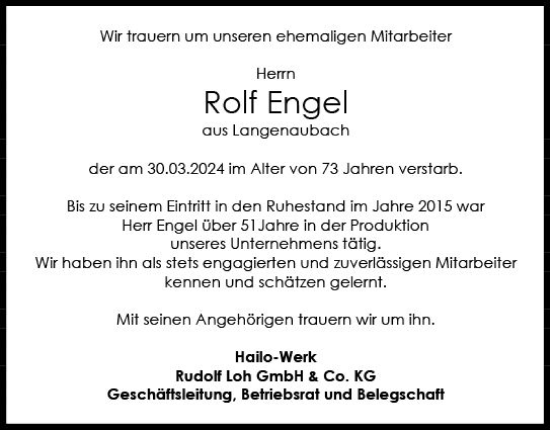 Traueranzeige von Rolf Engel von Dill Block