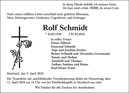 Traueranzeige von Rolf Schmidt von Dill Block