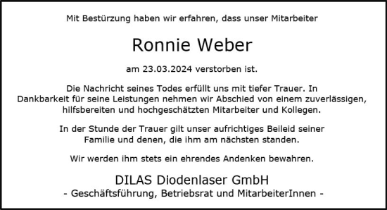 Traueranzeige von Ronnie Weber von Wormser Zeitung