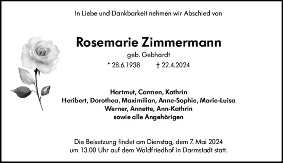 Traueranzeige von Rosemarie Zimmermann von Darmstädter Echo