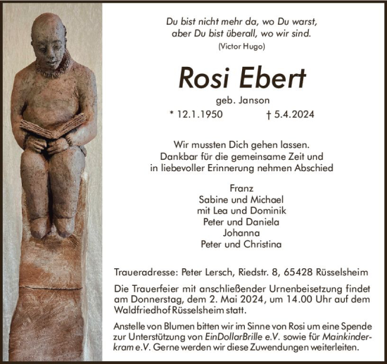 Traueranzeige von Rosi Ebert von Rüsselsheimer Echo