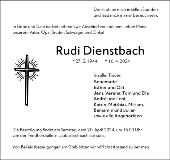 Traueranzeige von Rudi Dienstbach von Weilburger Tageblatt
