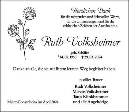 Traueranzeige von Ruth Volksheimer von Allgemeine Zeitung Mainz