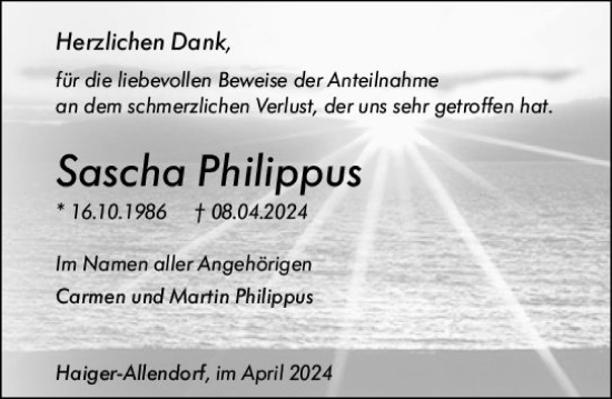 Traueranzeige von Sascha Philippus von Dill Block