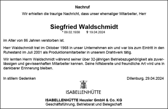 Traueranzeige von Siegfried Waldschmidt von Dill Block