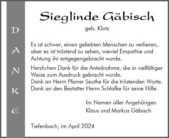 Traueranzeige von Sieglinde Gäbisch von Wetzlarer Neue Zeitung