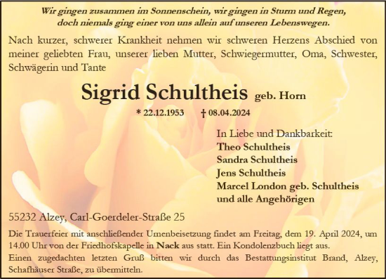 Traueranzeige von Sigrid Schultheis von Allgemeine Zeitung Alzey